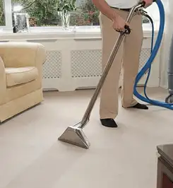 Professional carpet cleaner using a hot-water extraction wand and hose machine in a living room in Charleston, SC.