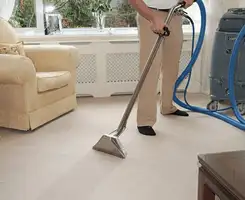 Carpet cleaning professional removing dirt and stains with a hot-water extraction tool in a home, Charleston, SC.